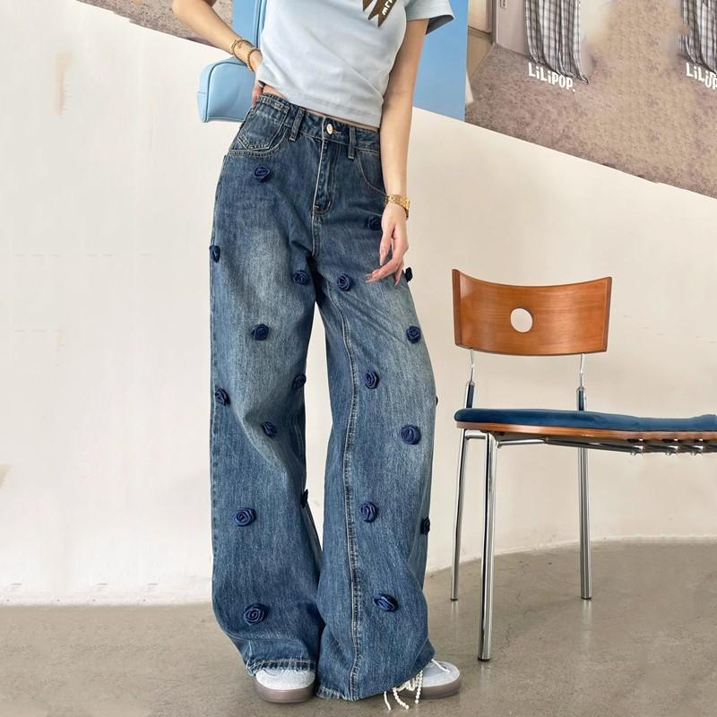 Plus Size Vintage Floral High Waist Casual Loose Women Spring Summer Autumn Jeans Denim Wide Leg Pants
