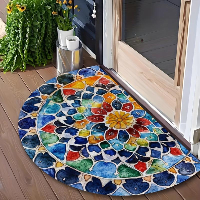 1Pcs Indian Vibrant Design Semi Circle Welcome Doormat Non-Slip for Outdoor Patio Porch Kitchen Bathroom Entryway Floor Mat