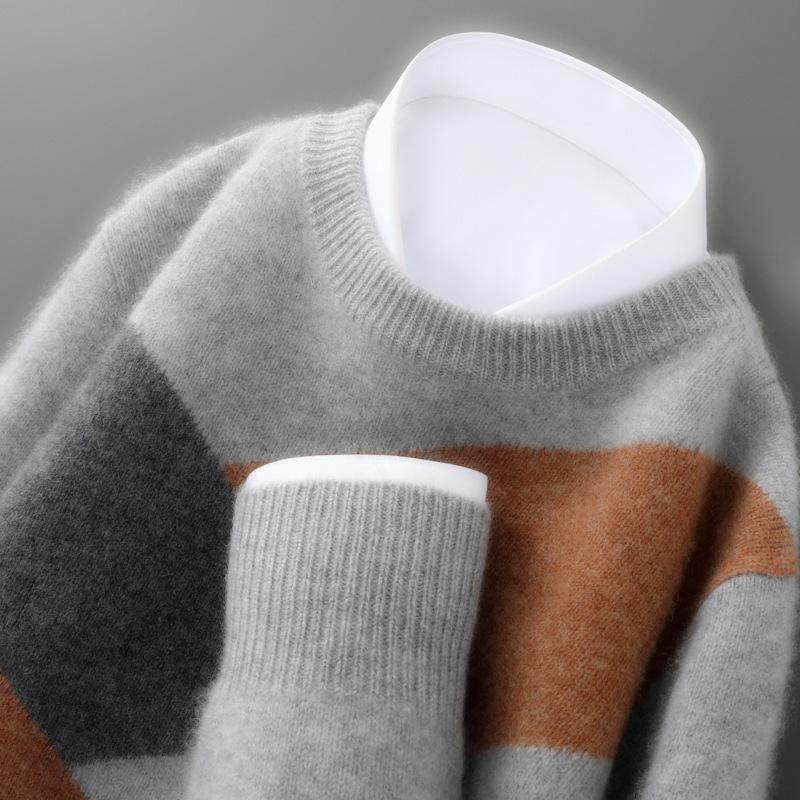 Men's 100% Pure Wool Color Block Cashmere Sweater - Round Neck, Autumn/Winter, Loose Casual/Business Wear