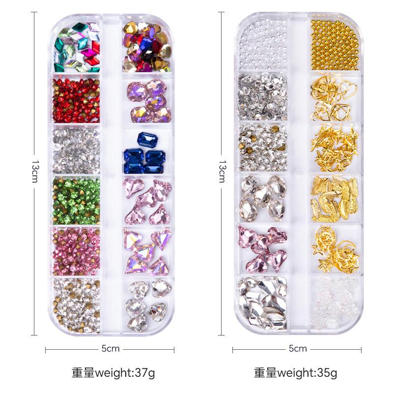 12 Grid Nail Art Diamond Jewelry Nail Art Trinket Mixed Pointed Bottom Drill Metal Rivet Jewelry