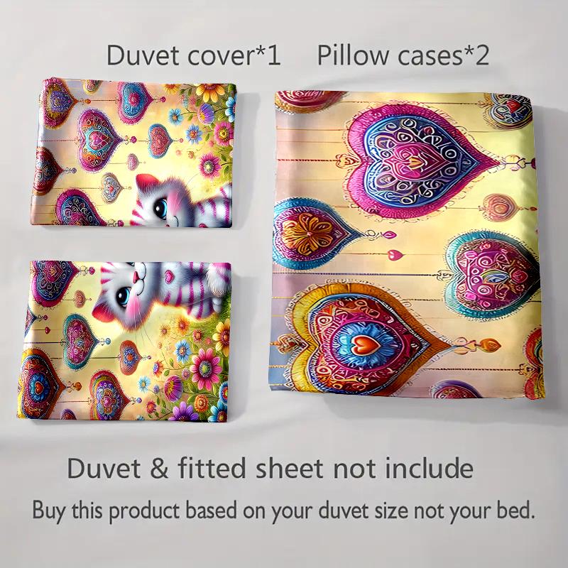 Cat, Hearts, Flowers Bedding Duvet Cover Sets Duvet Covers Pillowcases Gifts (1 * Duvet Cover 2 * Pillowcases, Without Duvet Insert)