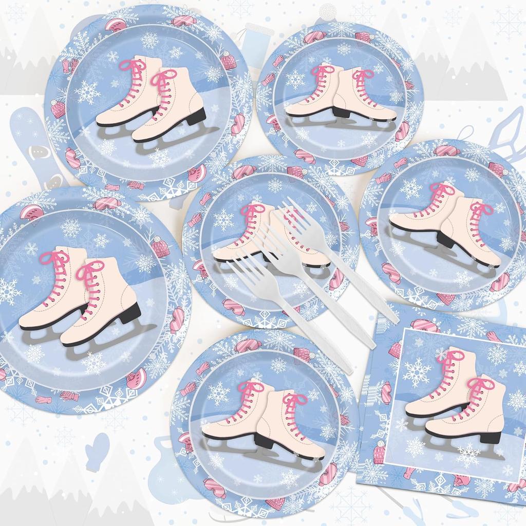 100 Pieces Roller Ice Skating Party Plates Napkins Skating Tableware Set Winter Party Skate Dinnerware Disposable Paper Dessert Plates Napkins for