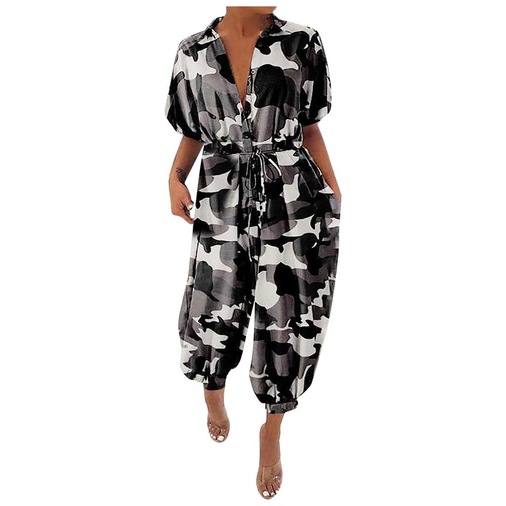 Leopard Jumpsuit Female Retro Female Short-Sleeved Button Casual Pants Loose