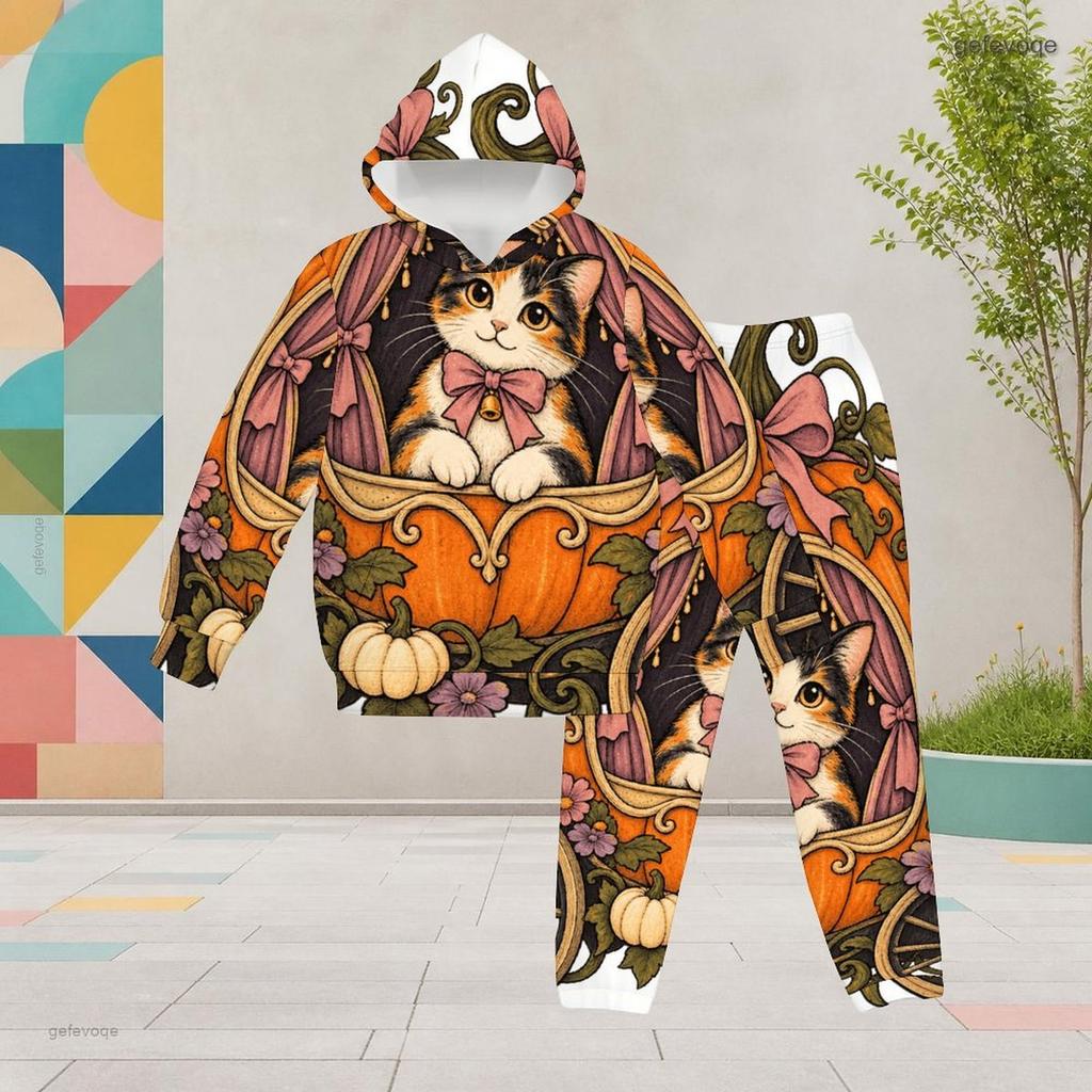 Girls Hooded Long Sleeve Possum Pumpkin Halloween Printed Two Piece Set Kangaroo Pocket Cuffed Pants