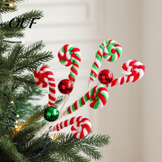 Festival Candy Cane Branch Christmas Pick, Red White Green Plush Stem, Festive Decor for Vase Filler, Wreath, Xmas Tree Decoration Filler