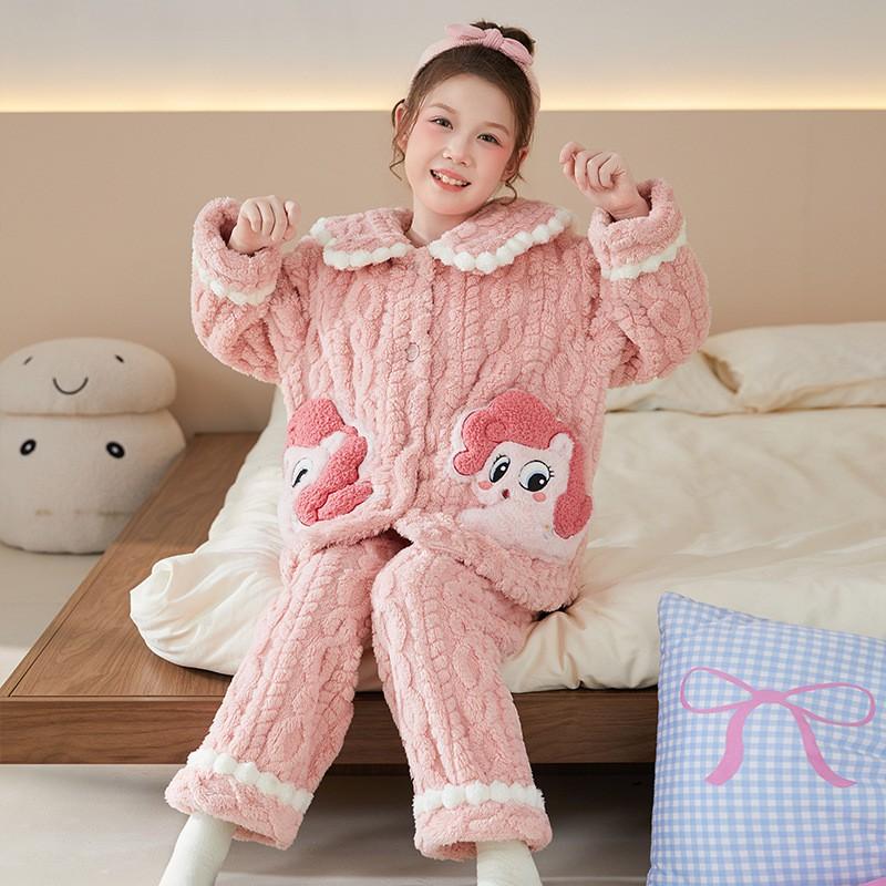 Girls Cartoon Fleece Pajama Set Warm Long Sleeve Open Front Sleepwear Winter Home Use
