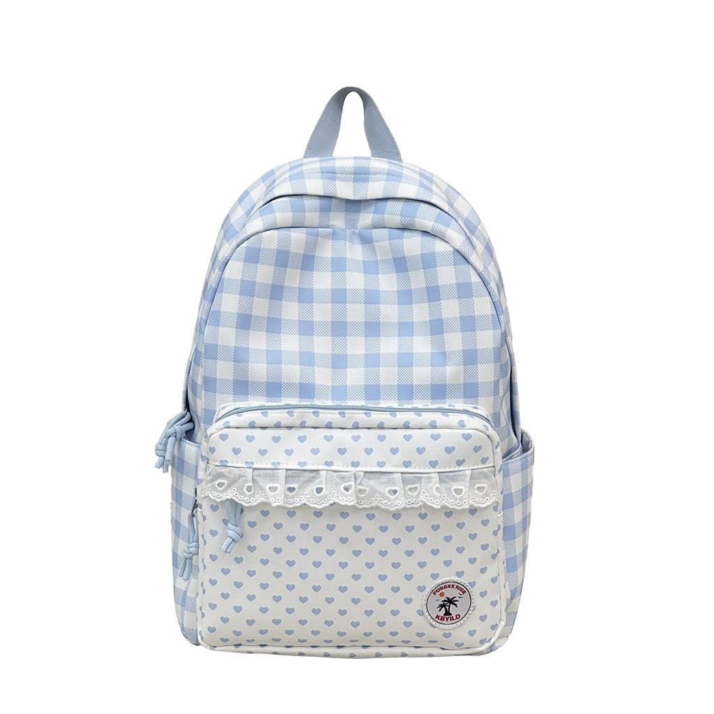Schultasche Koreanisch süß blau-weiß karierter Rucksack Mittelschulrucksack Mädchenherz Spitzen-Design Schultasche