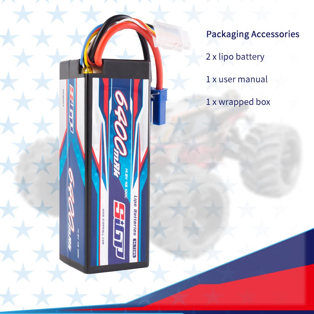 SIGP 4S 14.8V 6400mAh LiPo 100C EC5 Plug Hard Pack Battery for RC Drones, RC Trucks, RC Truggys, RC Models, FPV Racing, Two Packages