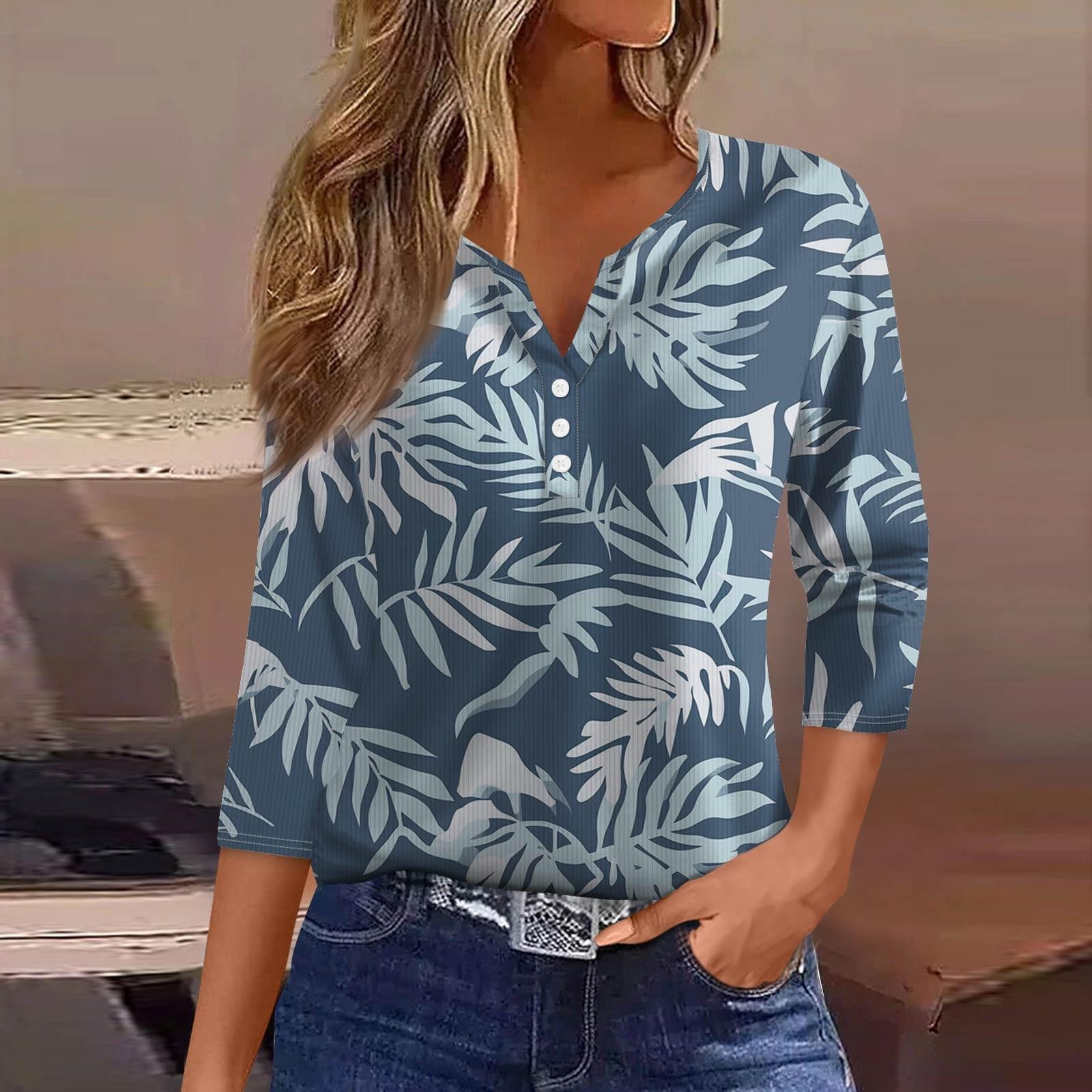 Женская футболка с принтом на пуговицах, рукав 3/4, туника, повседневная мода на выходные, базовый топ с V-образным вырезом L