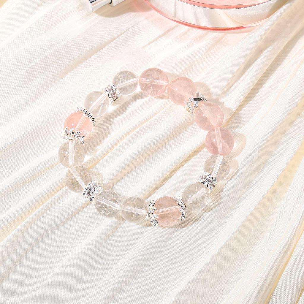 Natural Pink Quartz & White Crystal Bracelet for Girls - Sweet, Heart Design 