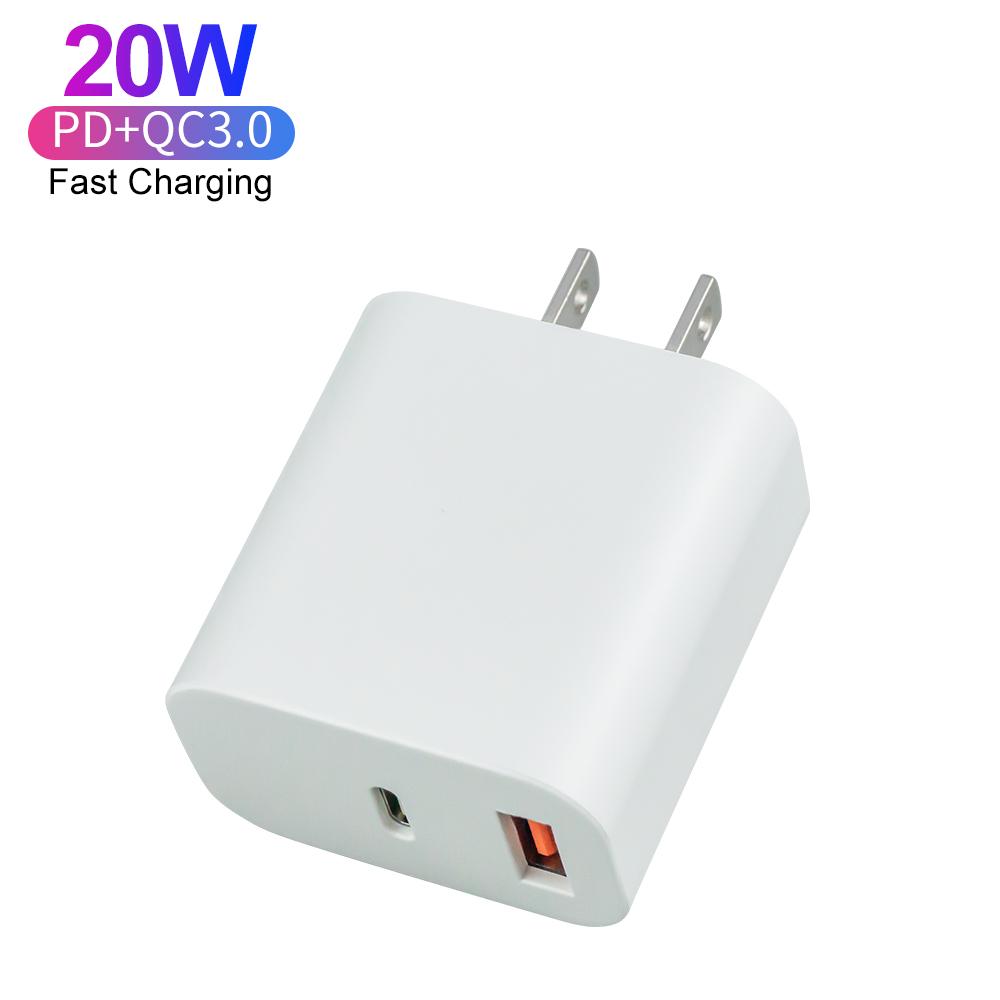 Certified Fast Charging PD 20W QC3.0 Charger USB-C Travel Power Adapter Dual Port Charger for IPhone Android
