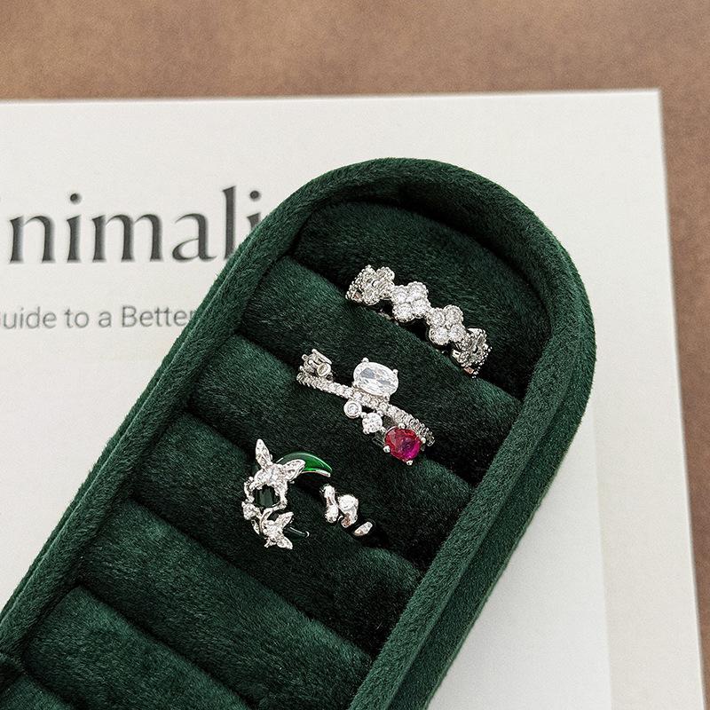 Light Luxury Sweet Cool Wind Red Zircon Moon Four-Leaf Clover Diamond Zir*****Pen Ring Super Fairy Stacked Wearing Niche Ring