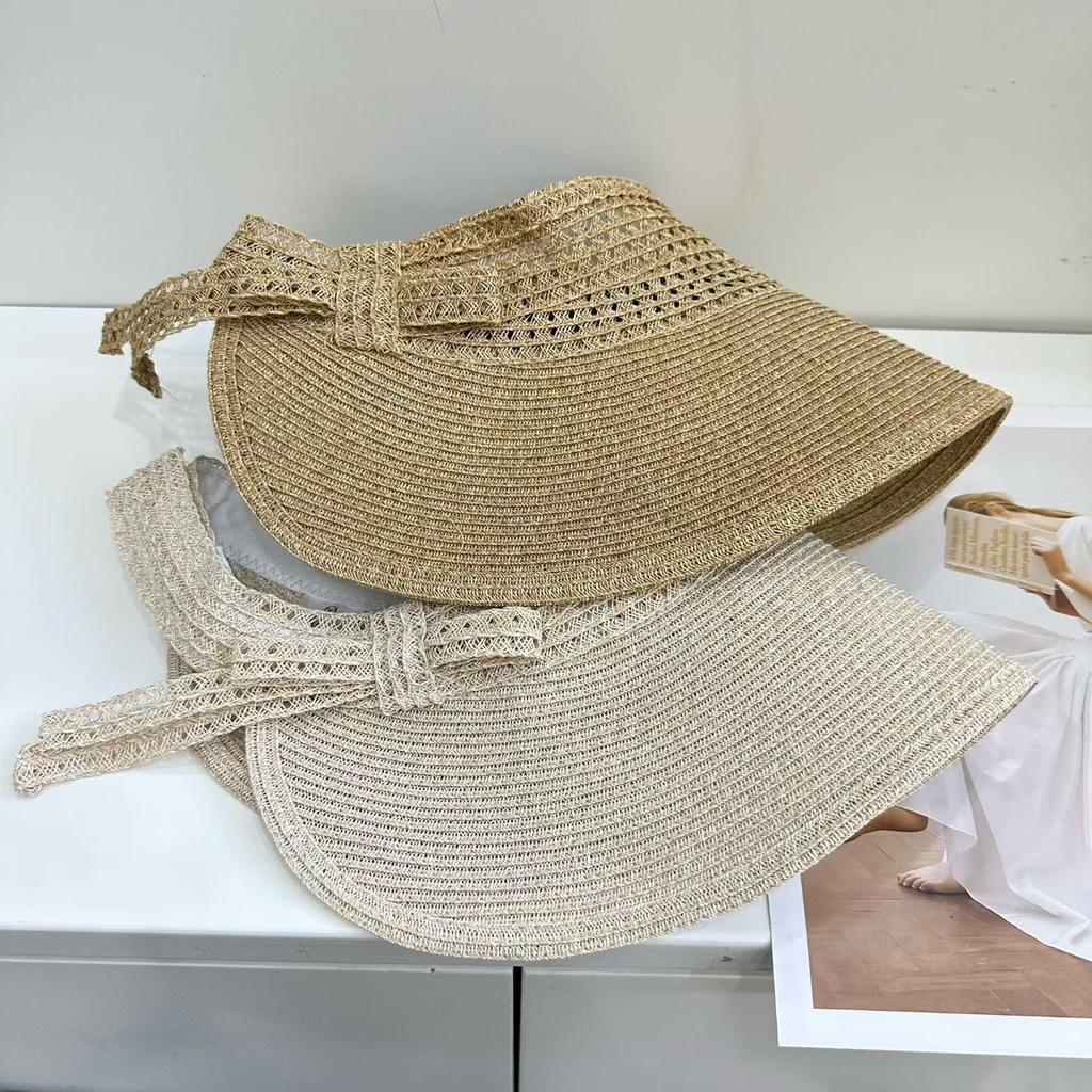 Summer sunscreen hat outdoor travel straw woven big eaves sun hat women's fashion bow empty top sun hat
