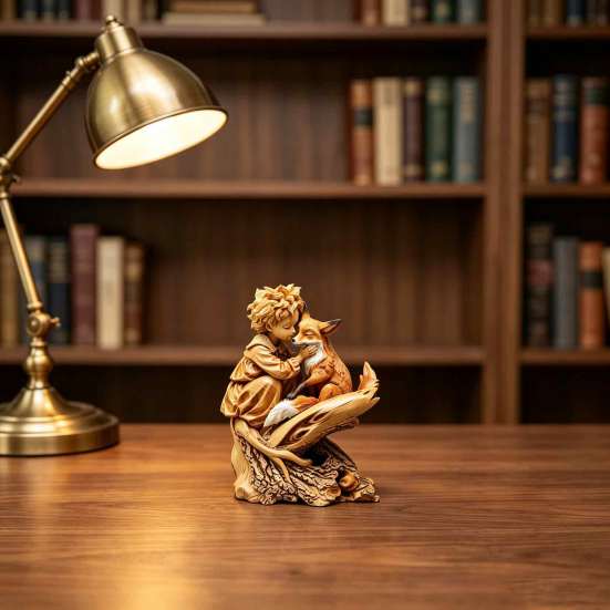 Warm Atmosphere Ornaments Fairy Tale Little Boy and Fox Wooden Figurine, Rustic Desktop Statue, Artistic Carved Decorative Tabletop Figurines
