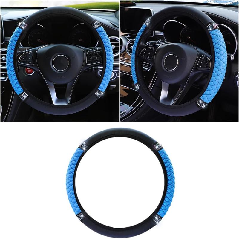 Universal Car Steering Wheel Cover 37-38cm Leather Embroidered Color Diamond-Studded Elastic Four Seasons Steering Wheel Cover
