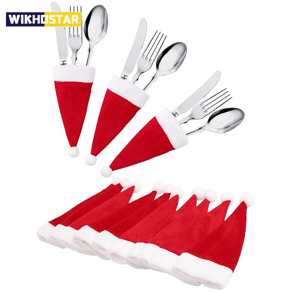 10pcs Merry Christmas 2024 Christmas Tableware Bag Holder Christmas Hat Fork Knife Cutlery Bag Christmas Decorations for Home