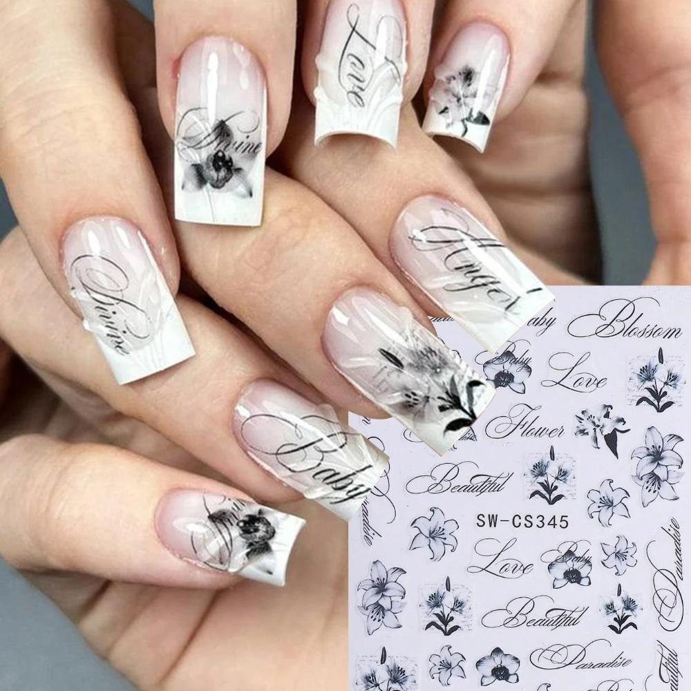 2Pcs Lily Letter Nail Stickers, Black and White Ink Painting Floral & Letter Self-Adhesive Nail Decals