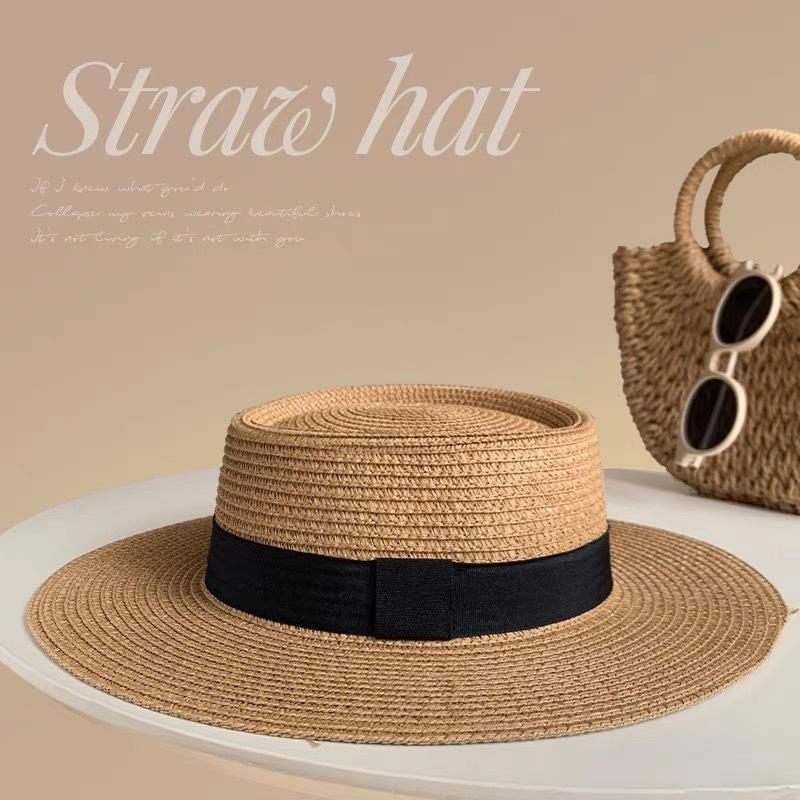 New French Flat-top Straw Hat Women's Big Head Circumference Seaside Beach Top Hat Woven Sun Hat Summer
