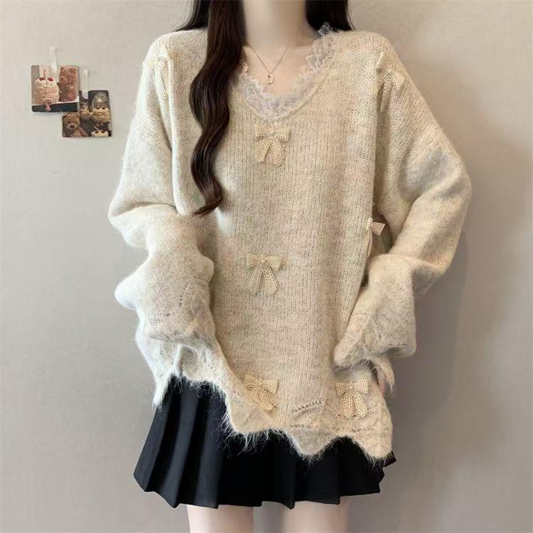 Plus Size Lace Floral Knitwear - Slimming Loose Knit Top for Spring & Autumn L абрикосовый