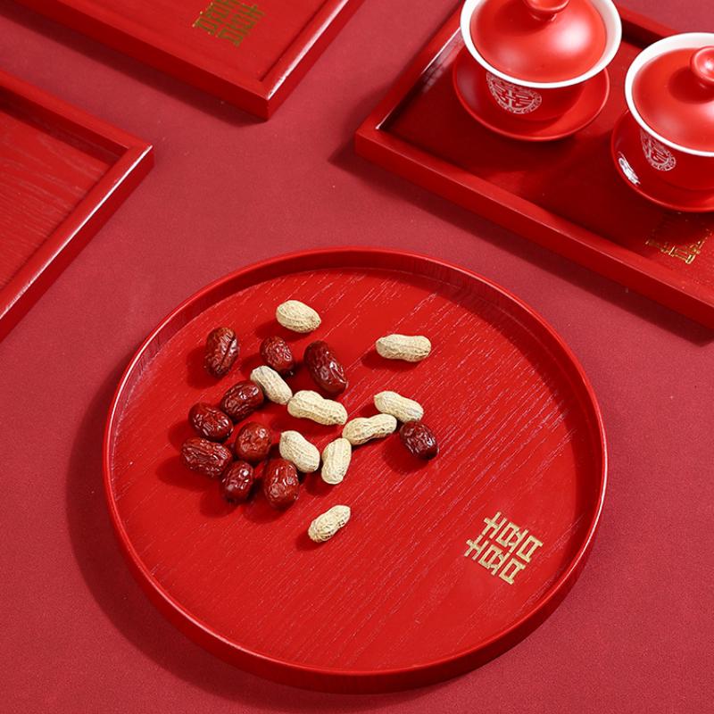 Chinesisches Hochzeitstablett, runder roter Teller, Hochzeitsbedarf, Süßigkeiten, getrocknete Früchte, Teller aus Massivholz, Teetablett