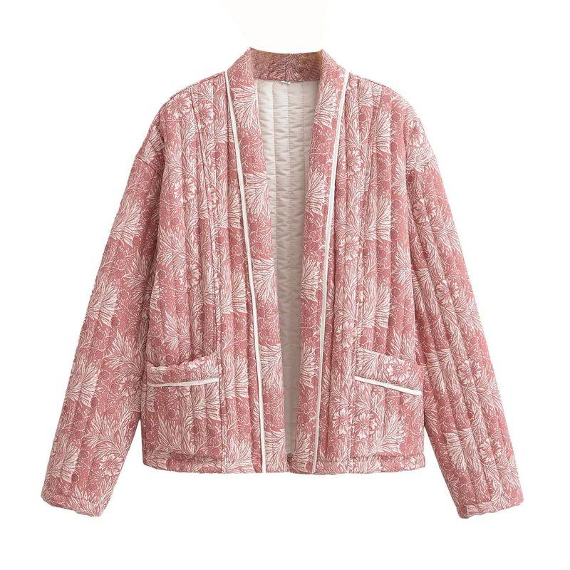 

European and American Women s Clothing for Autumn and Winter, New Loose-Fitting, Fashionable, Versatile Printed Cardigans, Long-Sleeved Cotton Jackets Pink S