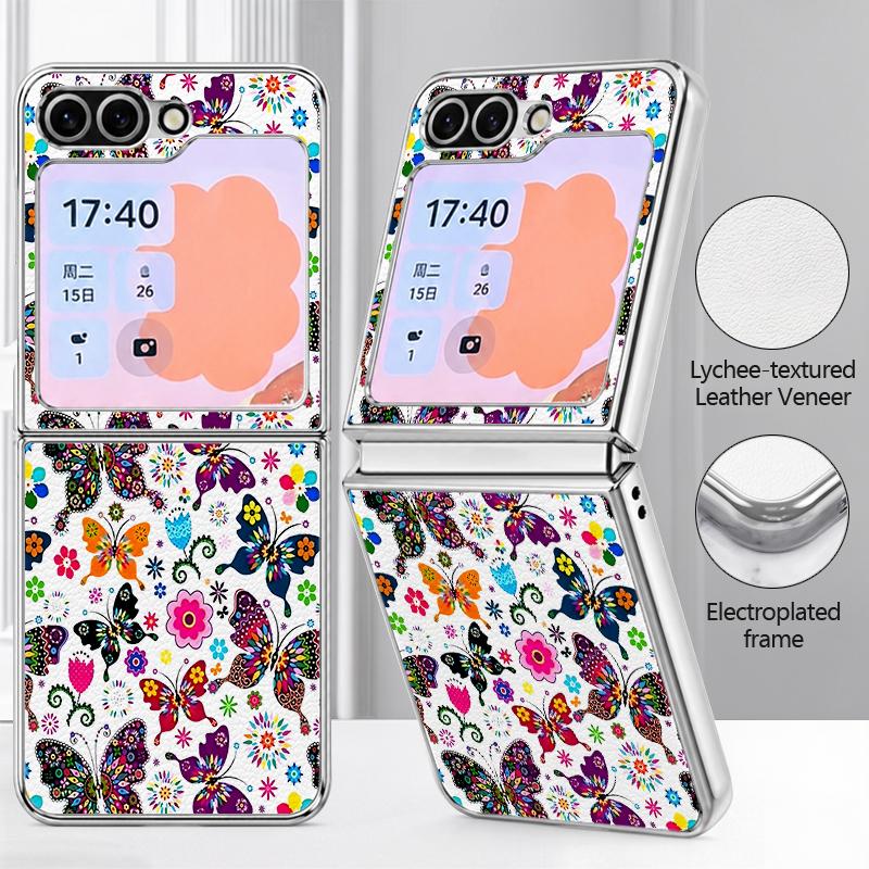 Colorful Butterfly Pattern Case For Samsung Galaxy Z FlIP 7 FE 6 5 Plating PC+PU Leather Hybrid Folding Cover For Samsung Z Flip7 Flip6 Flip5