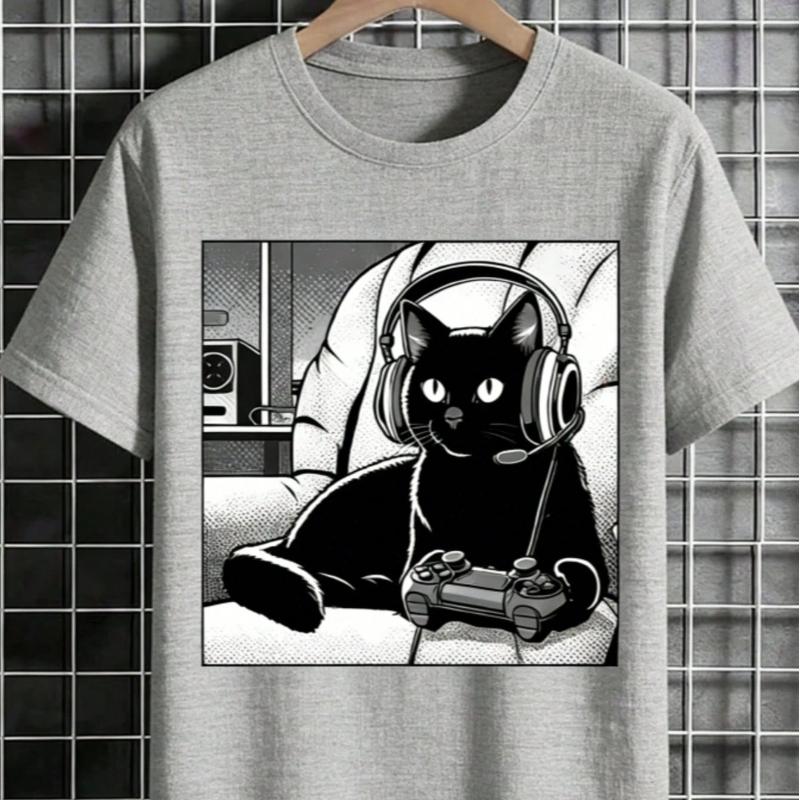 [Black Cat T-Shirt] Relaxed Fit Black Casual Cat Graphic T-Shirt | Short Sleeve Crew Neck, Summer Style, Polyester Blend