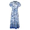 Retro Blue Ethnic Print Holiday Dress - Slim Fit