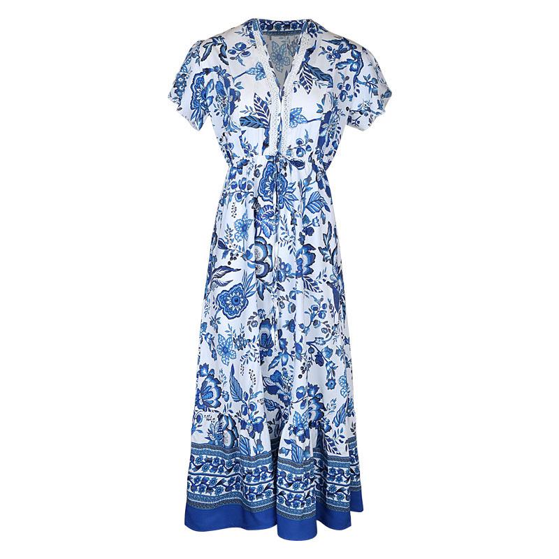 Retro Blue Ethnic Print Holiday Dress - Slim Fit