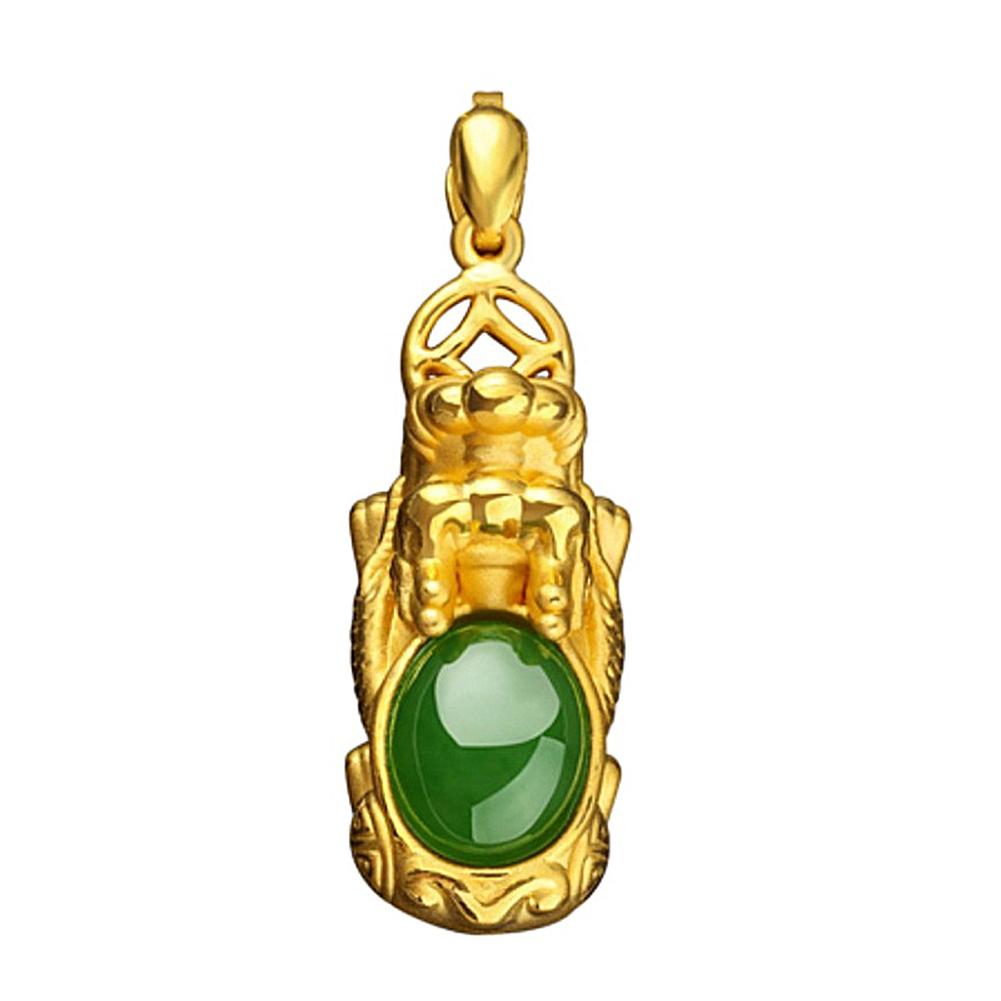 Feng Shui Pi Xiu Pendant Necklace Gold Inlaid Nephrite  Pi Xiu Good Luck Auspicious Pendant For Men Women
