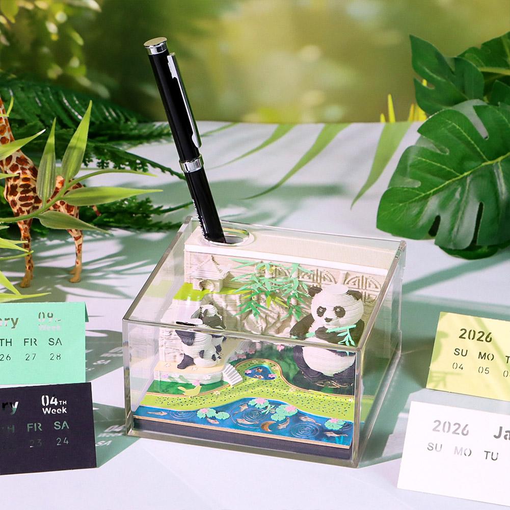 3D Zeitstück Kalender 2026 Panda Schreibtischkalender Dekoration mit Acrylhülle, Papier Skulptur Antihaft Notizen, Papier Schnitzkunst