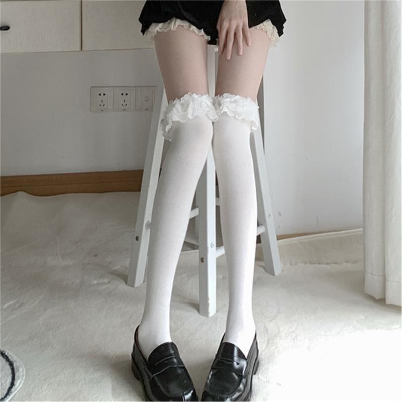 Bas Hauts Style Ballet Doux pour Femmes Bas Hauts Bandes Nœuds Bas Mi-Mollet Chaussettes d'Été Fines Hosierys