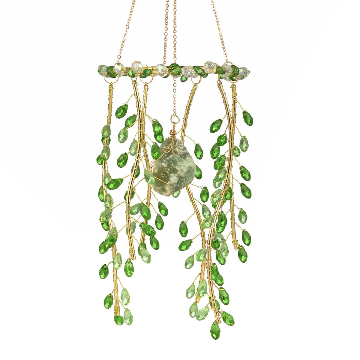 

Crystal Wind Chimes Artificial Willow Branch Suncatcher Natural Crystal Raw Stone Garden Hanging Decoration Pendant Home Decor зелений