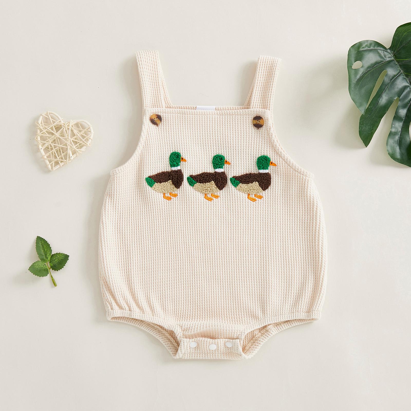 

Infant Baby Girl Boy Romper Sleeveless Square Neck Cute Duck Embroidery Bubble Jumpsuit Summer Casual Clothes 0-3M