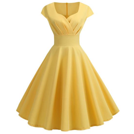 V-neck Short Sleeve Pleated Waist Tight High-Waist Gown Dress A-Line Skater Large Hem Midi Princess Dress Female Clothing