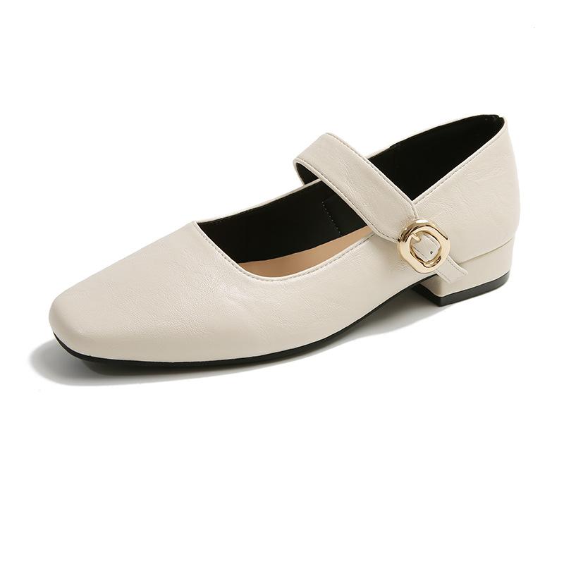Scarpe Mary Jane bianche francesi con gonna testa quadrata tacco medio tacco spesso scarpe singole da donna bocca bassa cintura con fibbia a una parola scarpe da donna