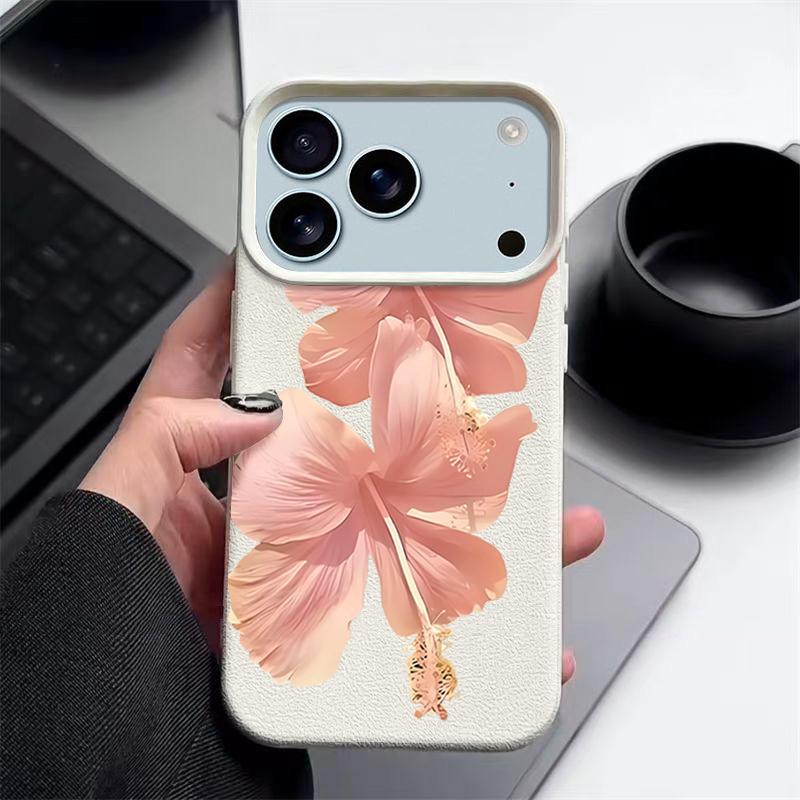 Pouzdro Pro iPhone 17 Pro Max Růžový vzor ibišku Kožená textura Silikonový kryt Pro iPhone 16 Pro Max 15 14 13 12 11 Air 16E