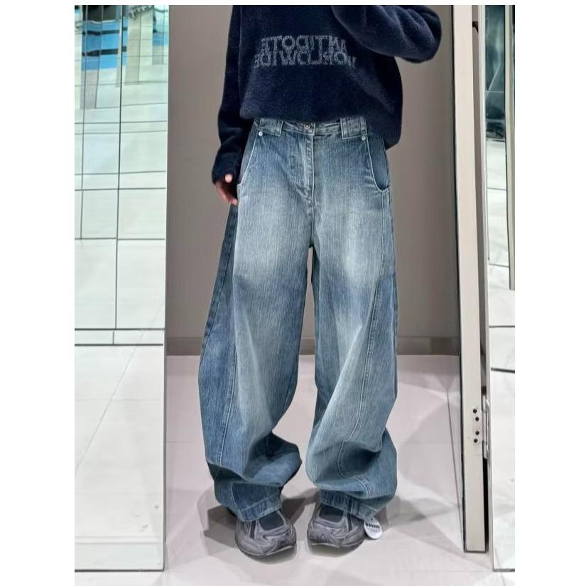 

Мужские и женские джинсы с высокой посадкой, свободного прямого кроя, выстиранного голубого цвета - Модный американский бренд, универсальный повседневный стиль с широкими штанинами. S синий