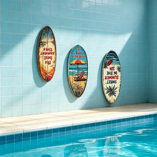 Outdoor Waterproof Wall Art Ornament 1/3Pcs Surfboard Plaque Decoration, Solid Wood Vintage Coastal Sign, Tropical Beach Decoration Retro Seaside