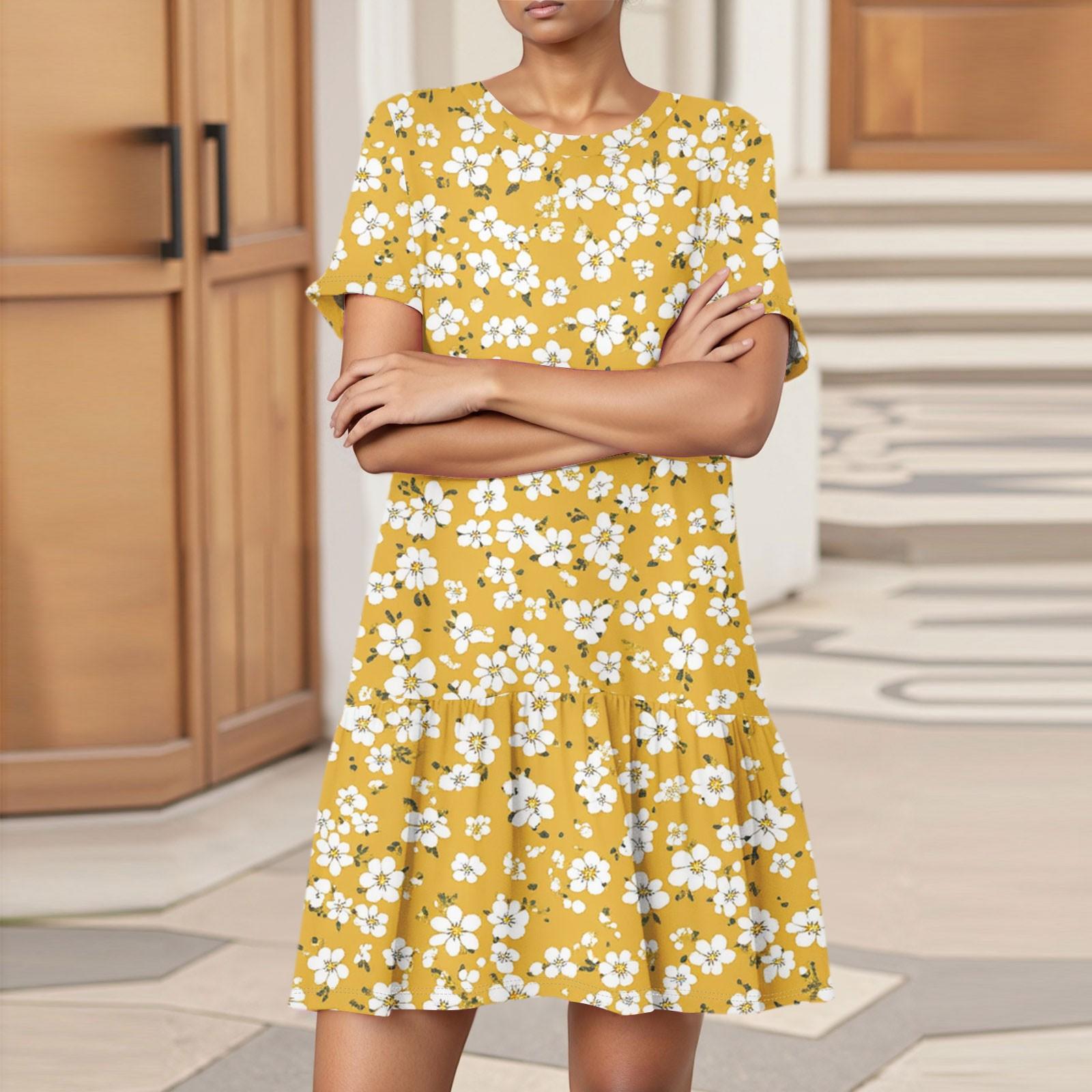 

Женское модное повседневное платье с круглым вырезом и коротким рукавом с цветочным принтом XL жёлтый