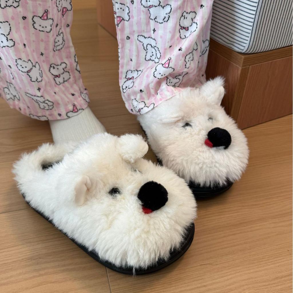 Fashion Indoor Fluffy Slippers For Women Men Winter Warm Shoes Cute Cartoon Dog Soft Plush Anti-slip Couples Home Floor Cotton Slides