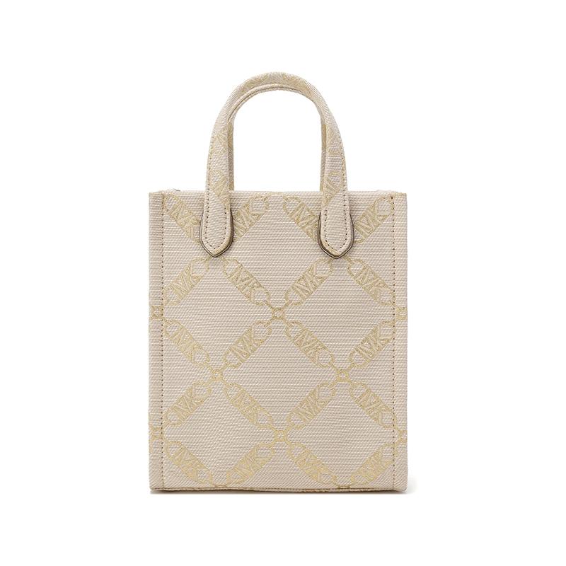 Michael Kors MK Gigi Diamond Pattern Chain Open Tote Fabric Crossbody Bag Mini Women Handbags Beige Gold 32F3G3GC9J-NAT-PALEGOLD