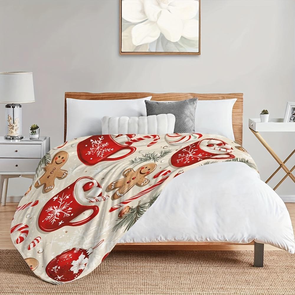 Christmas Cocoa Gingerbread Flannel Blanket - Red & White | Mugs/Candy Canes/Snowflakes | Sofa/Bed/Travel/Office Holiday Use