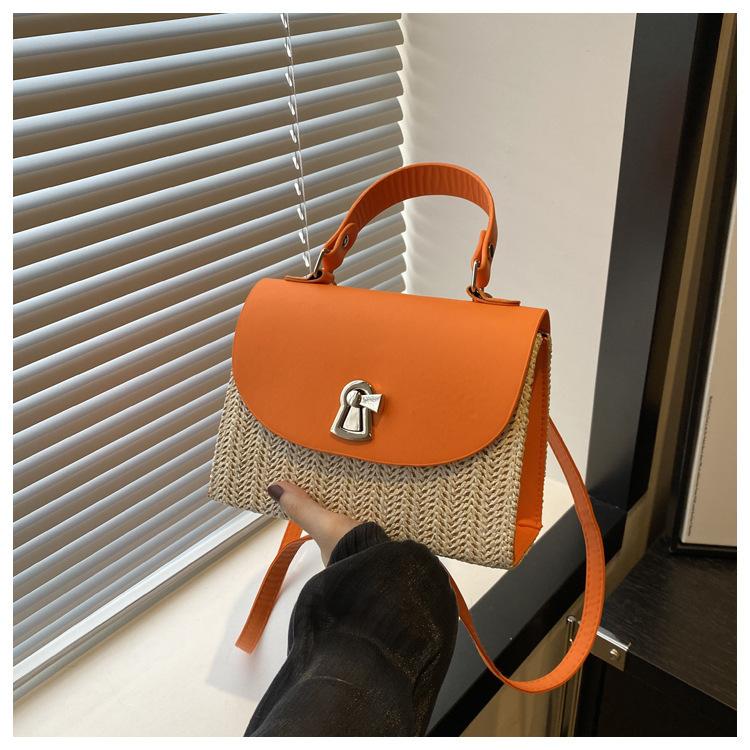 Woven Splicing Fashionable Personalized Lock 2025 Foreign Style Summer New Straw Crossbody Shoulder Portable Small Square Women's Bag