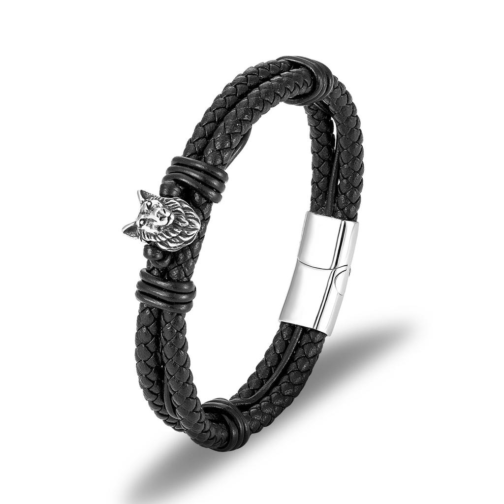 Factory natural stone beaded multi-layer leather rope bracelet men's woven leather men's titanium steel bracelet custom LOGO