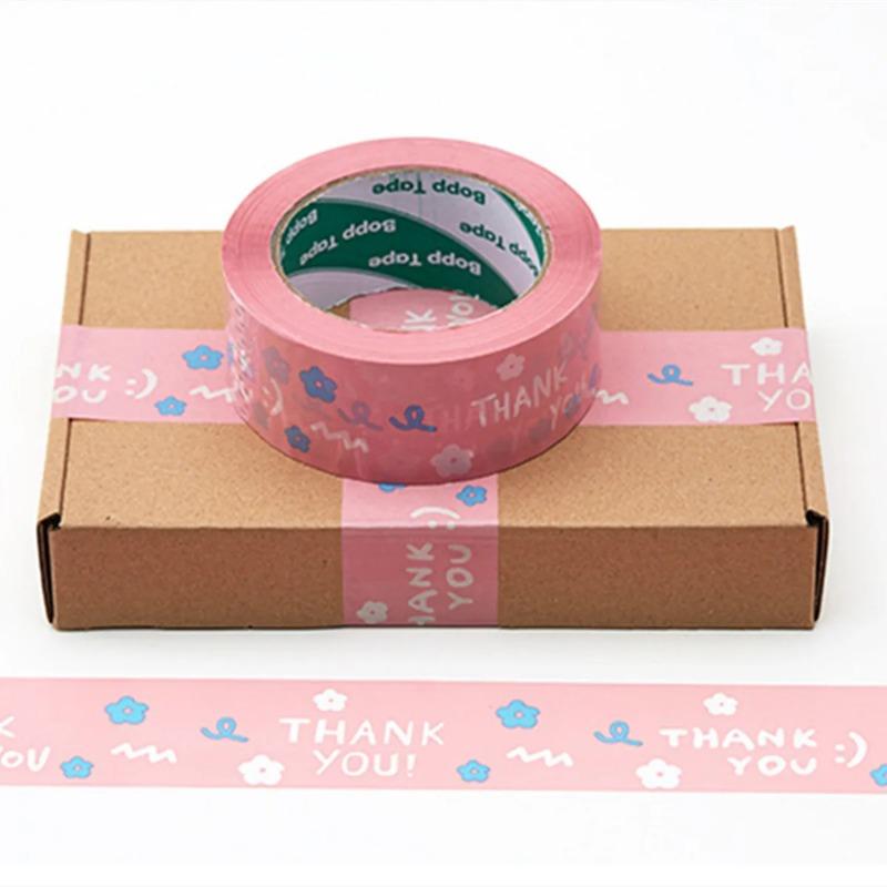 1Roll 4.5cm*100m Pink Flower Thank You Tape, Thank You Thanks Cartoon Sealing Adhesive Paper, Self-adhesive Gift Bag Carton Packing Tape