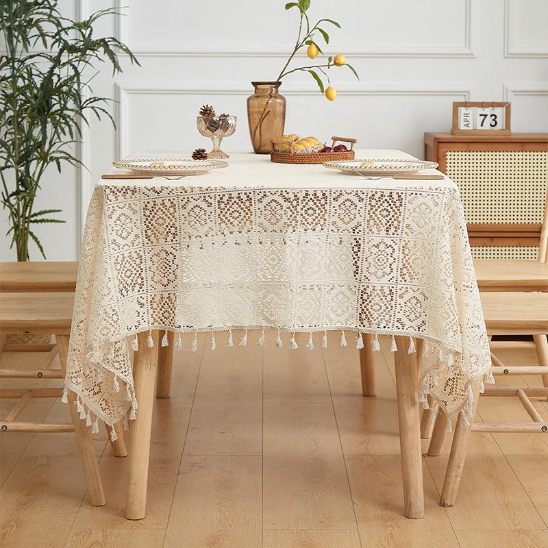 American Retro Style Tablecloth Premium Rectangular Tassel Table Mat Photo Background Cloth Knitted Hollow Atmosphere Dustproof Decorative Fabric