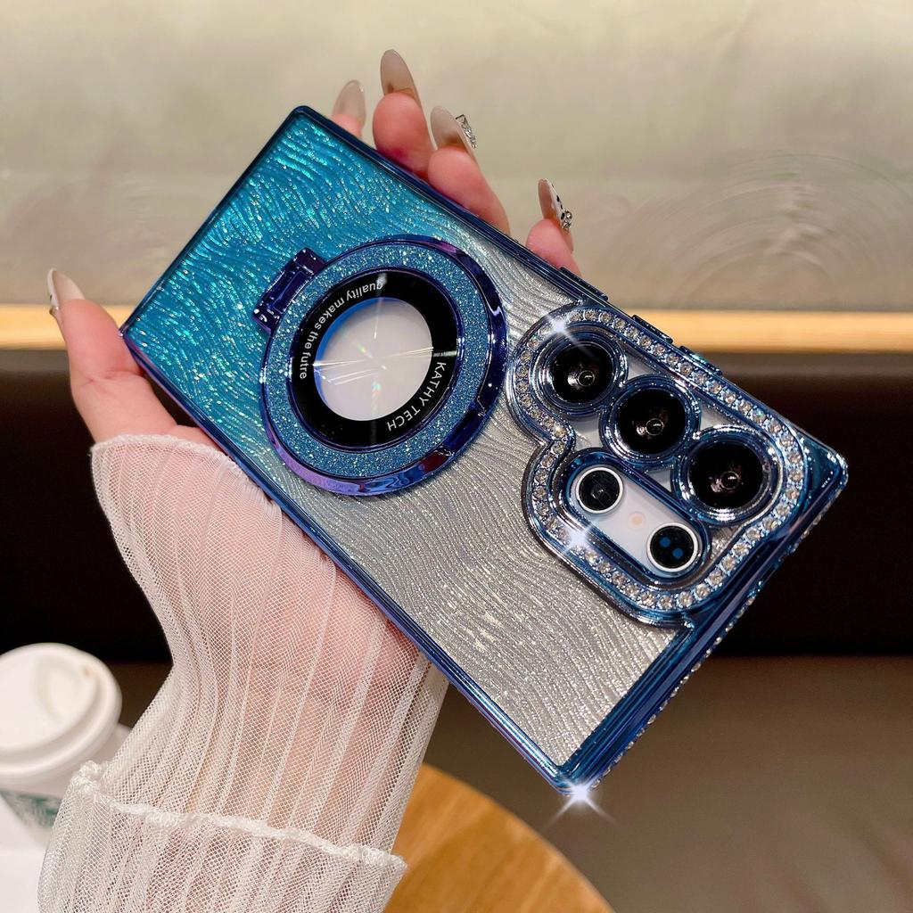 Rhinestone Gradient Shimmer Powder Water Ripples Suitable for Samsung S25 Ultra Mobile Phone Case Magnetic Suction Bracket S24P Electroplating A06