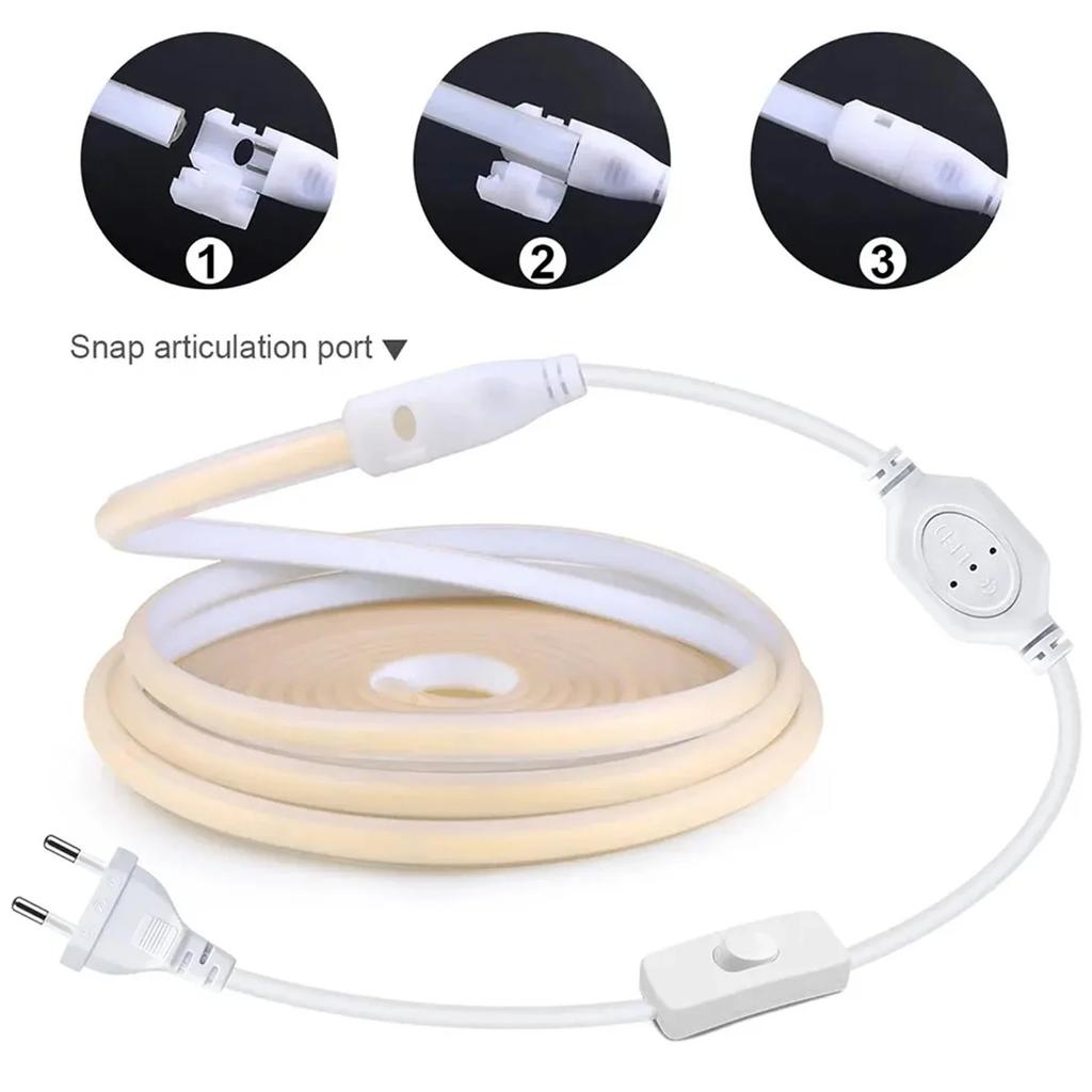 Super Bright 220V COB LED Strip Light with Switch EU Plug Waterproof Flexible Neon Tape Ribbon for Kitchen Bedroom Cabinet Room Home Decoration