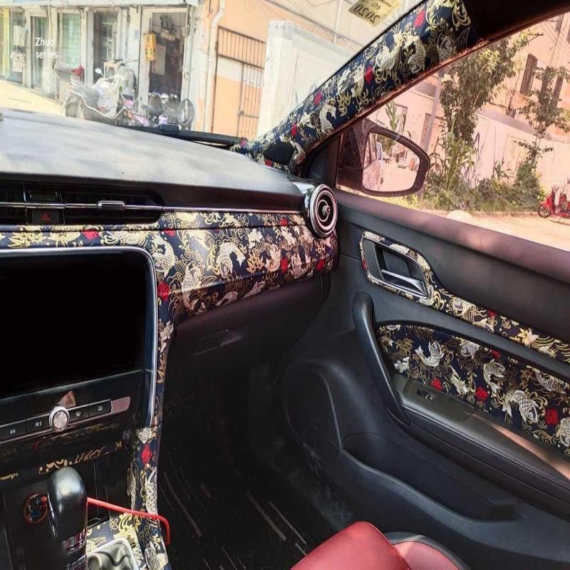 1Pcs High Grade Wear-Resistant Car Dashboard Door Panel Ceiling Decor Fabric Self-Adhesive Black Koi Fish Car Interior Sticker